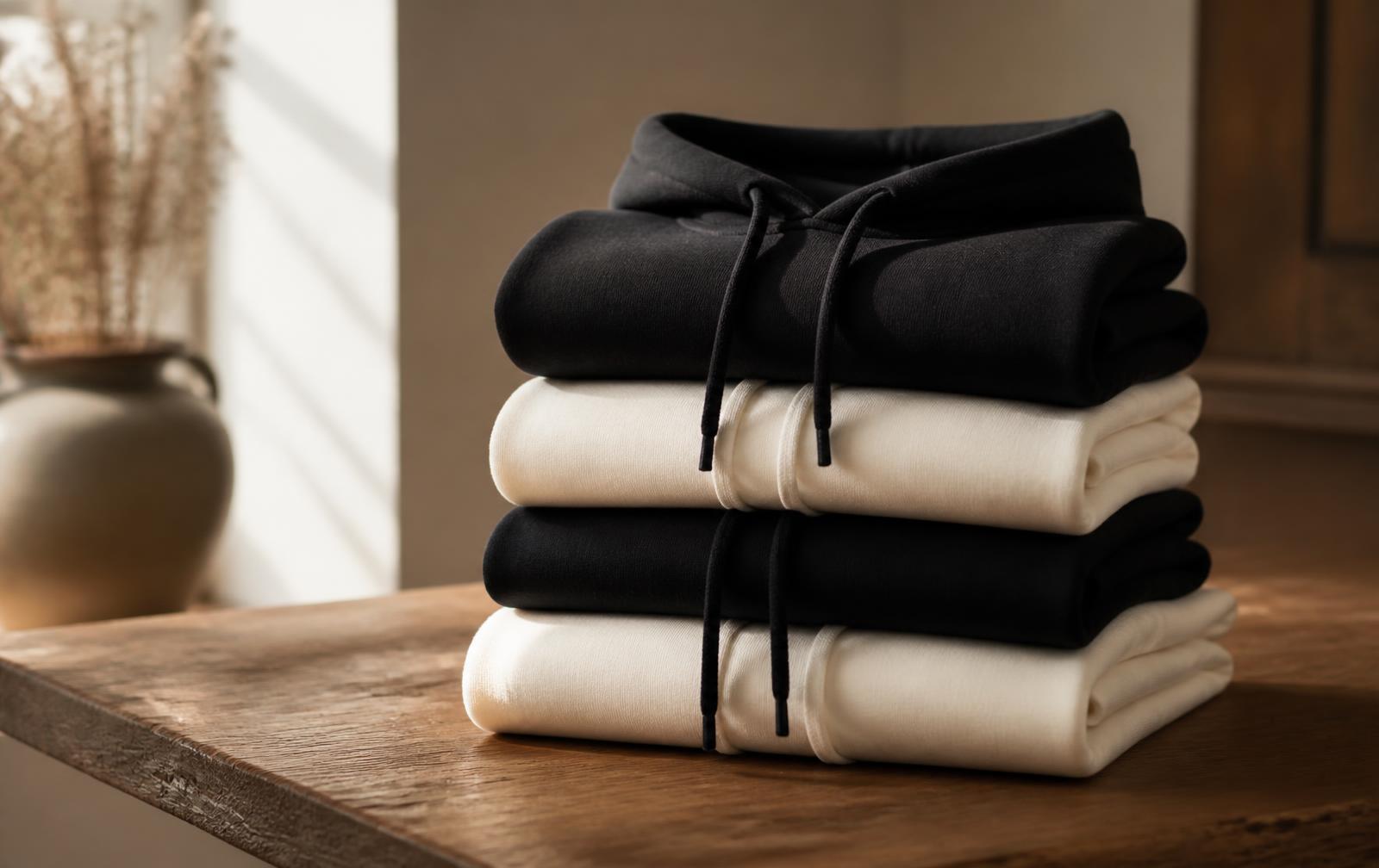 Stack of folded Dilkash Sabr pullover hoodies in cloud cream and midnight black on a wooden table